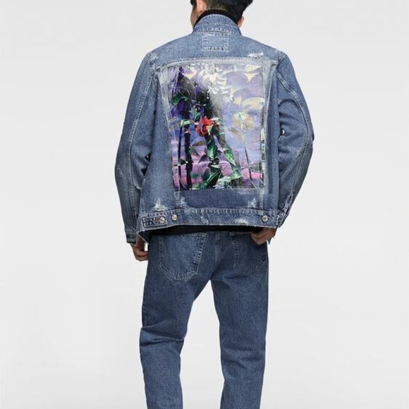 Zara Men Printed Patch Painted Effect Back Denim Jacket